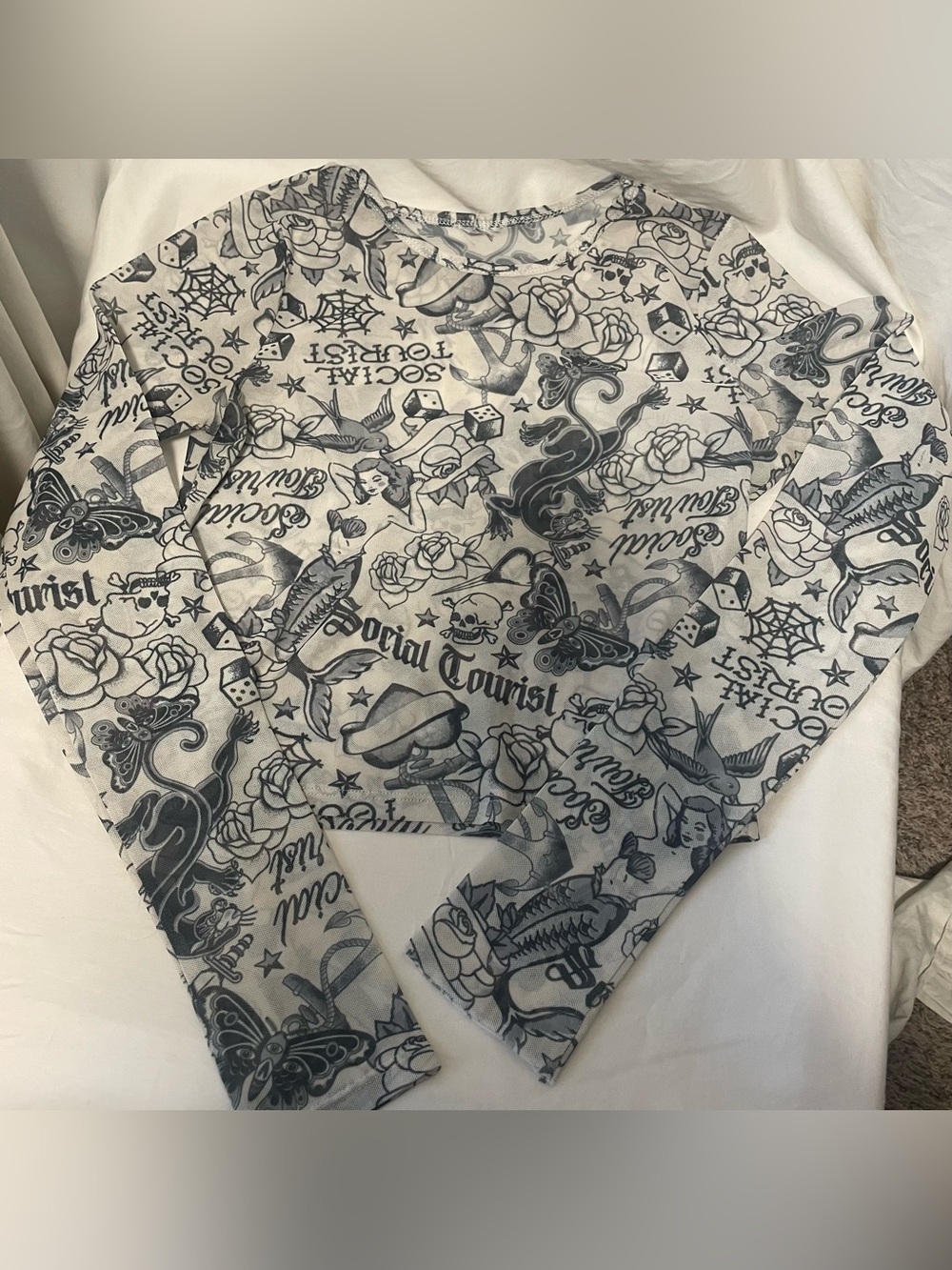 Social Tourist Graphic Long Sleeve Top - Black & White Tattoo Print